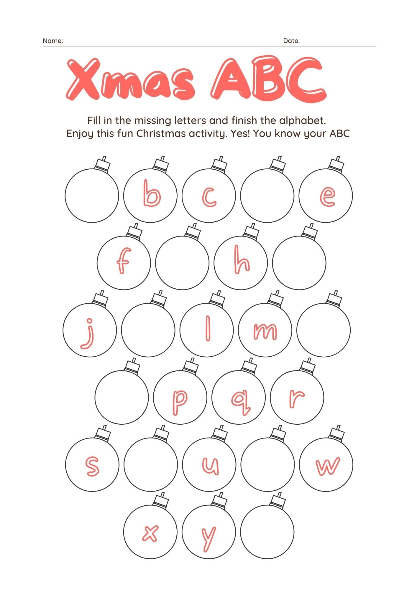 4 Page Christmas ABC Worksheet Holiday Party Game Christmas Printable Game Christmas Home Party Game For Kids Game Virtual Etsy