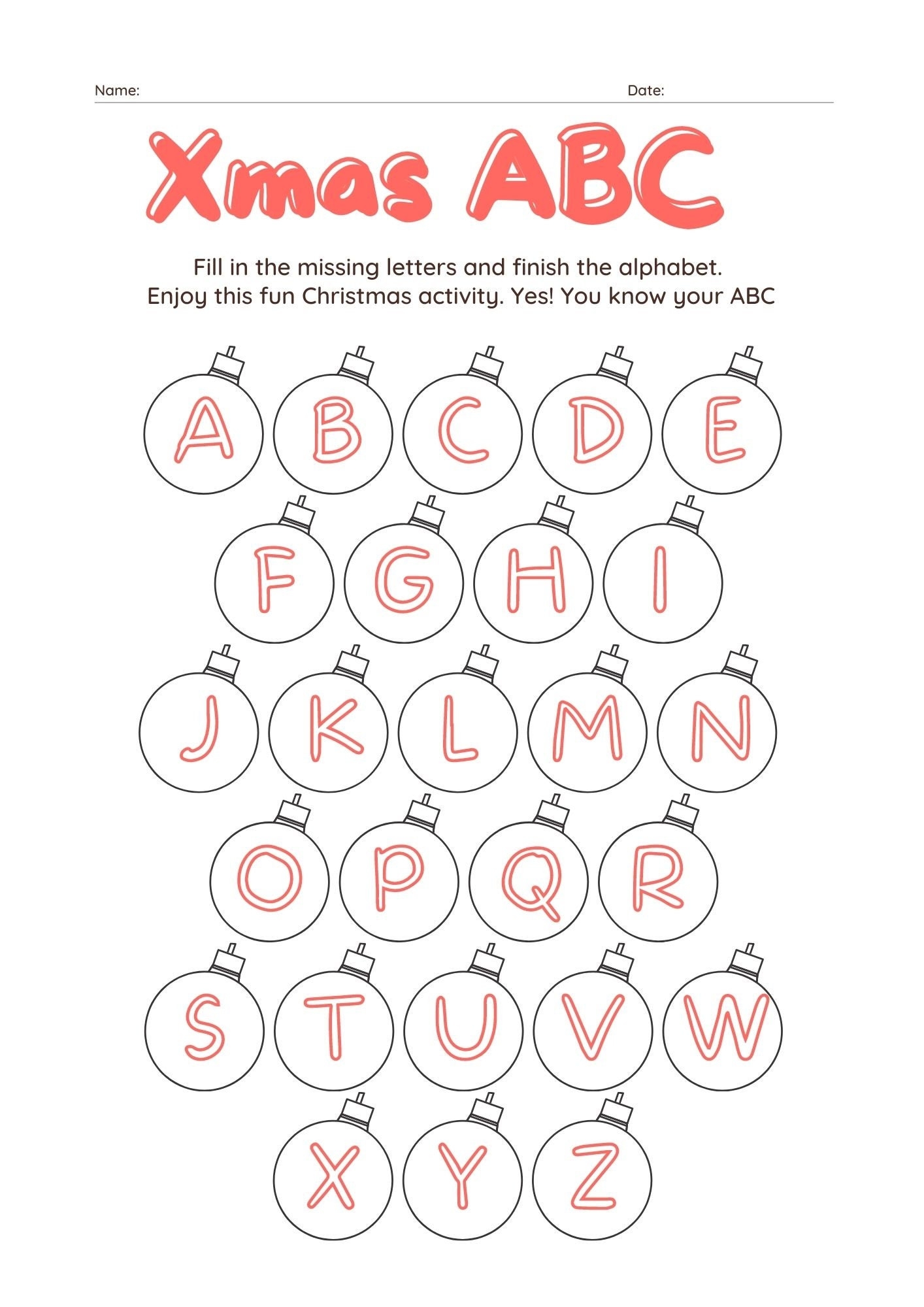 4 Page Christmas ABC Worksheet Holiday Party Game Christmas Printable Game Christmas Home Party Game For Kids Game Virtual Etsy