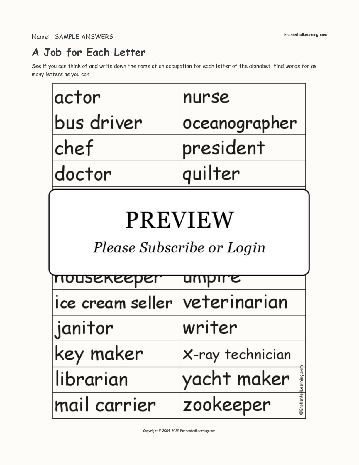 A Job For Each Letter Enchanted Learning