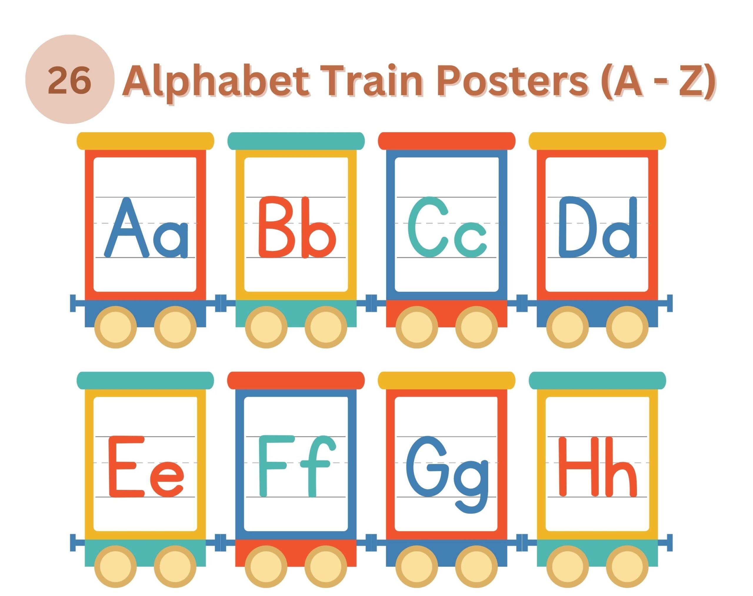 A Z Alphabet Train Poster 26 Printable ABC Charts Colorful 