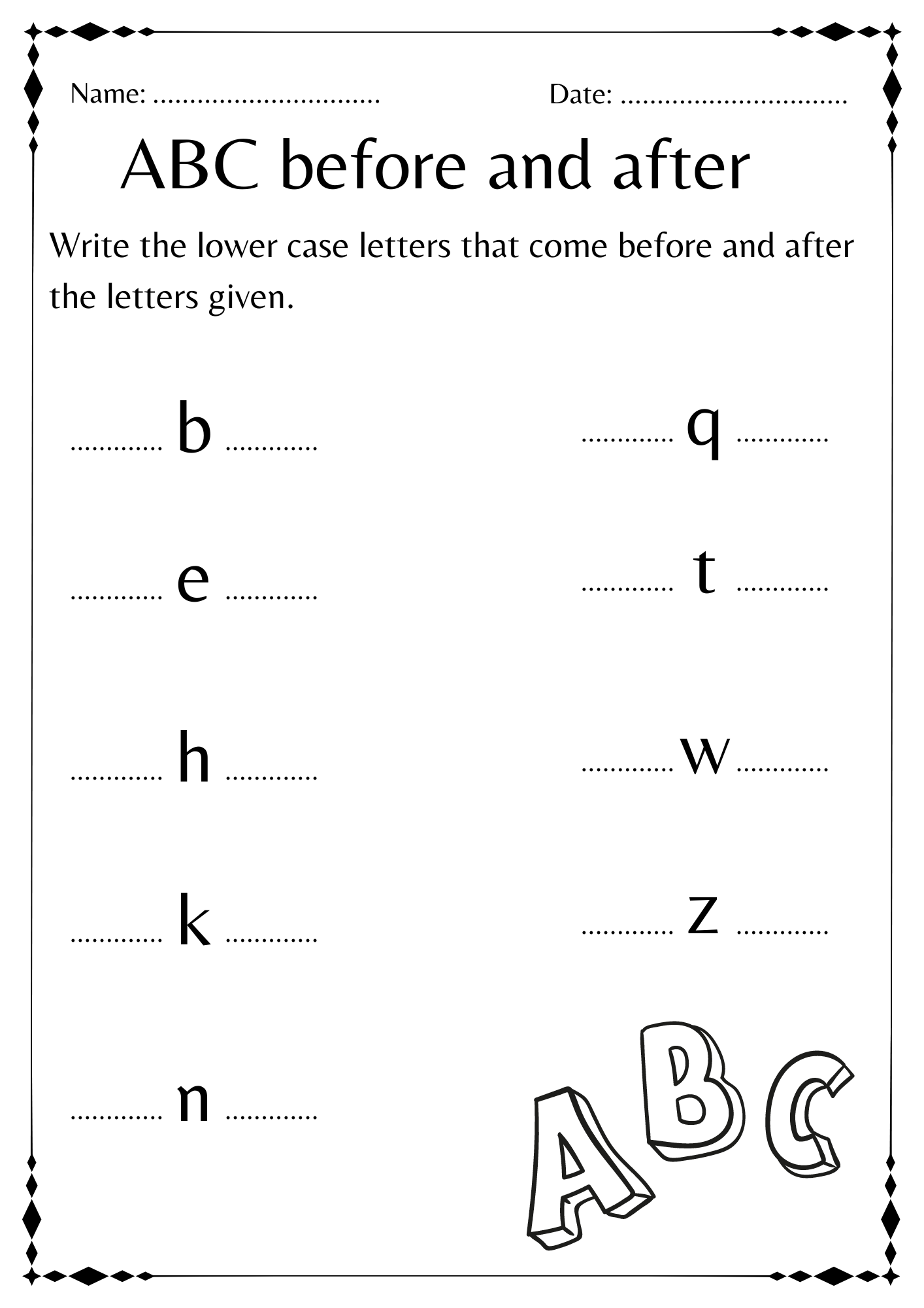 Abc Before And After Worksheet Alphabet For Kindergarten Made By 