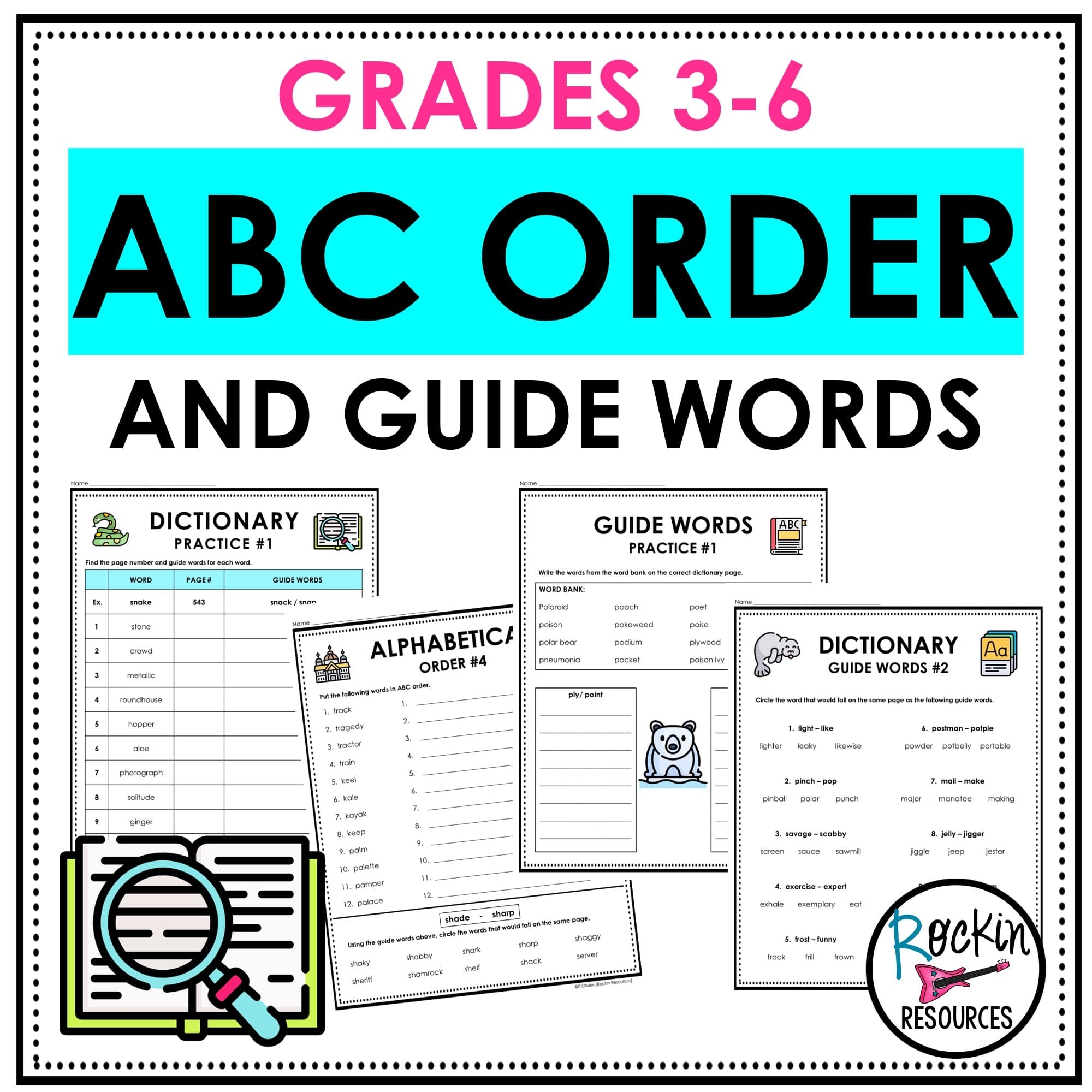 ABC Order Alphabetical Order Worksheets Task Cards Dictionary Guide Words Rockin Resources
