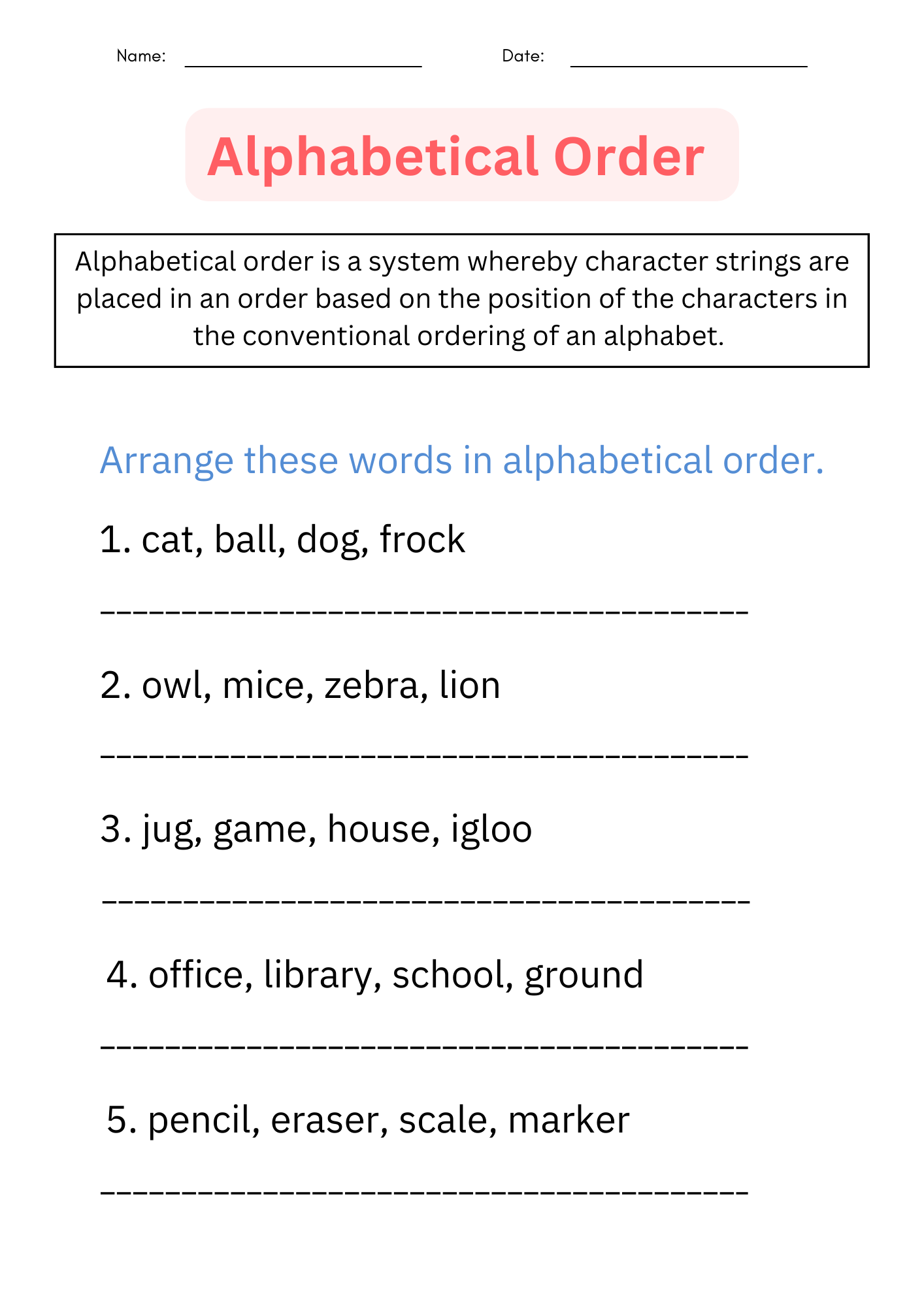 ABC Order Printable Alphabetical Order Worksheets For 1st L 2nd 