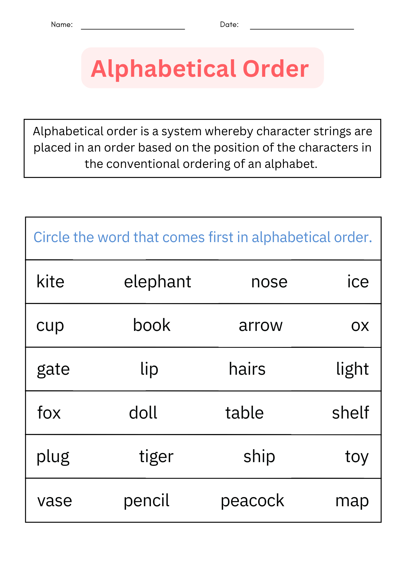 Worksheet Alphabetical Order