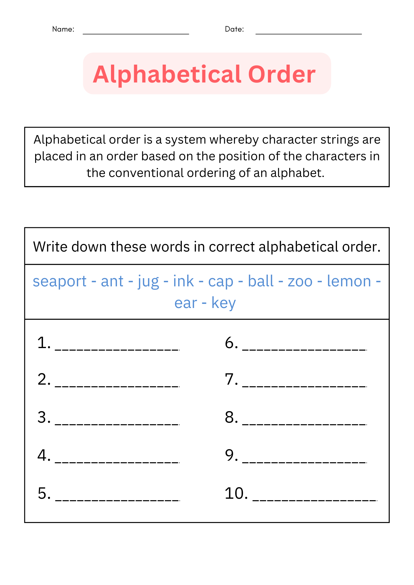 ABC Order Printable Alphabetical Order Worksheets For 1st L 2nd 