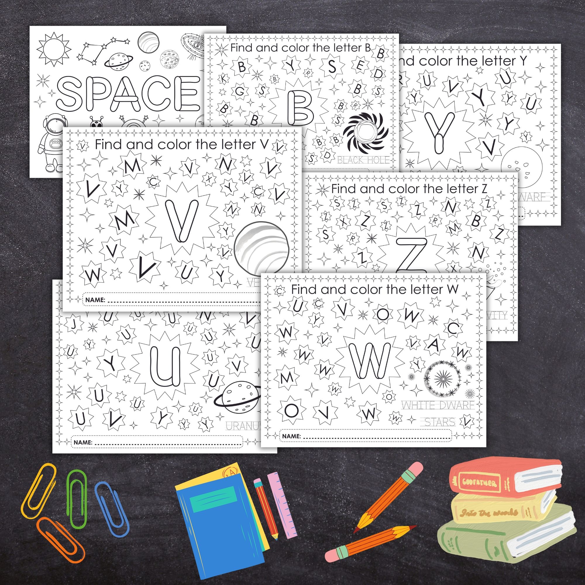Alphabet Hunt Printable Find The Letters Coloring Worksheets Space Learning Bundle Dyslexia Teaching Resources