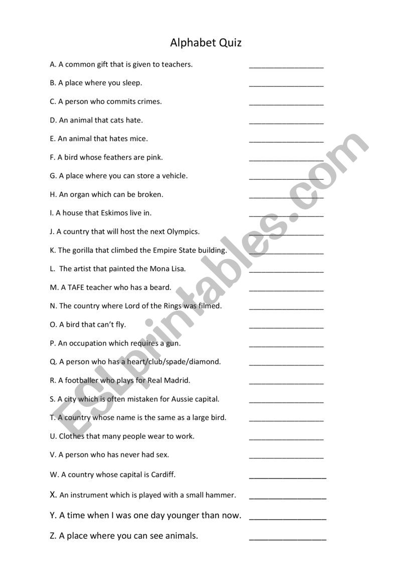 Alphabet Quiz ESL Worksheet By Limosine