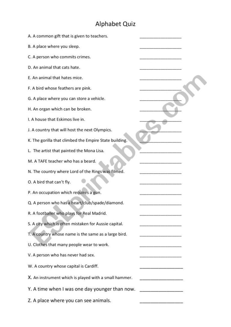 Alphabet Quiz ESL Worksheet By Limosine