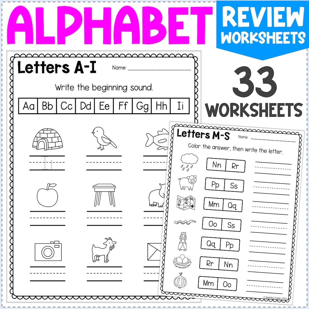 Alphabet Review Worksheets Beginning Sounds And Letter Recognition Preschool And Kindergarten Curriculum Printable Alphabet Worksheets Etsy