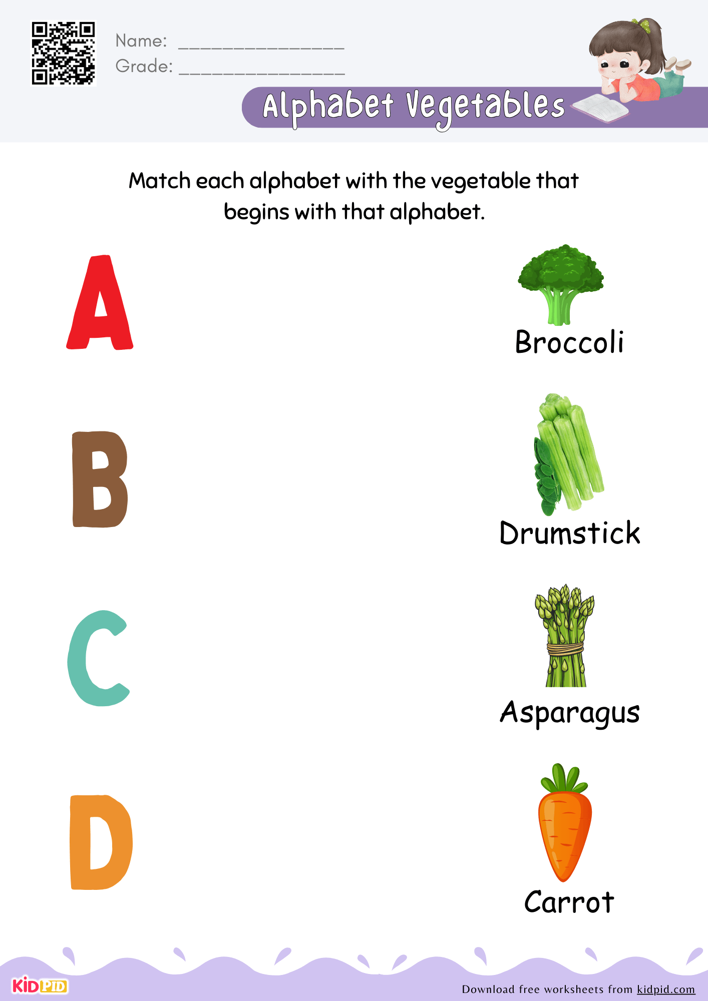 Alphabet Vegetables Matching Worksheet For Preschool