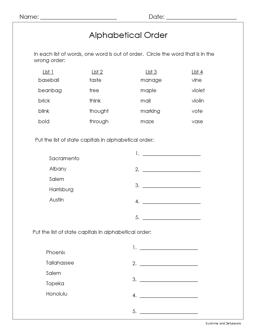 Alphabetical Order Words People And Places 4 Worksheets Grades 2 3 Google Drive Made By Teachers