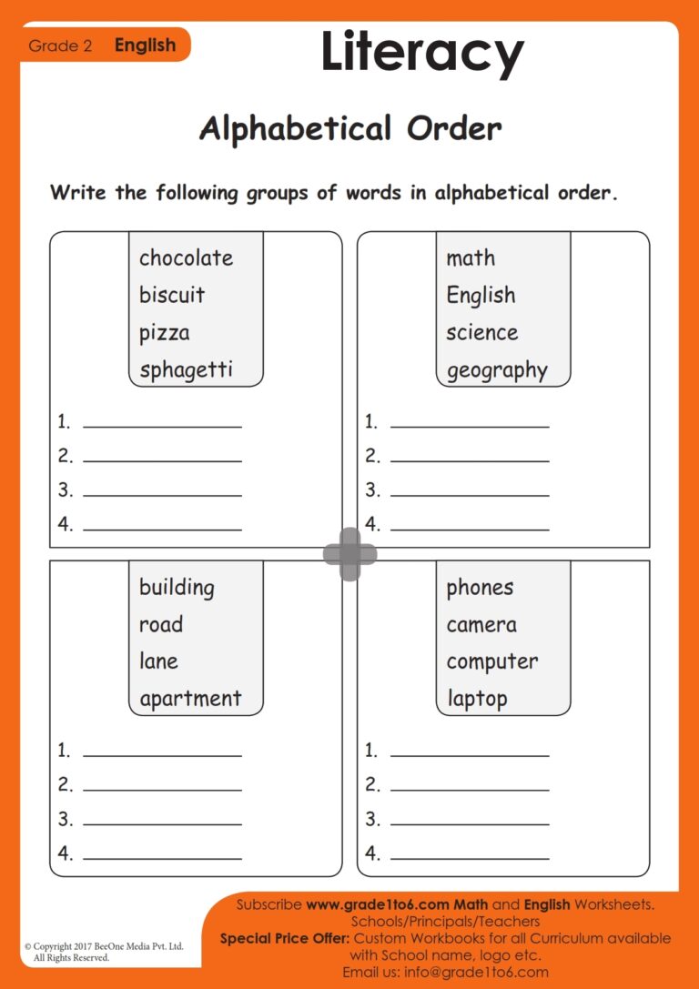 Alphabetical Order Worksheets Grade1to6