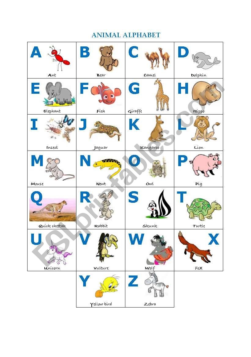 Animal Alphabet ESL Worksheet By Myska21