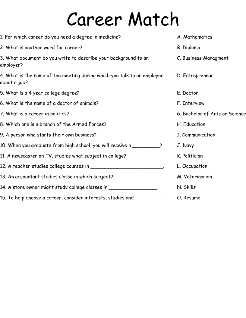 Career Match Worksheet WordMint Worksheets Library