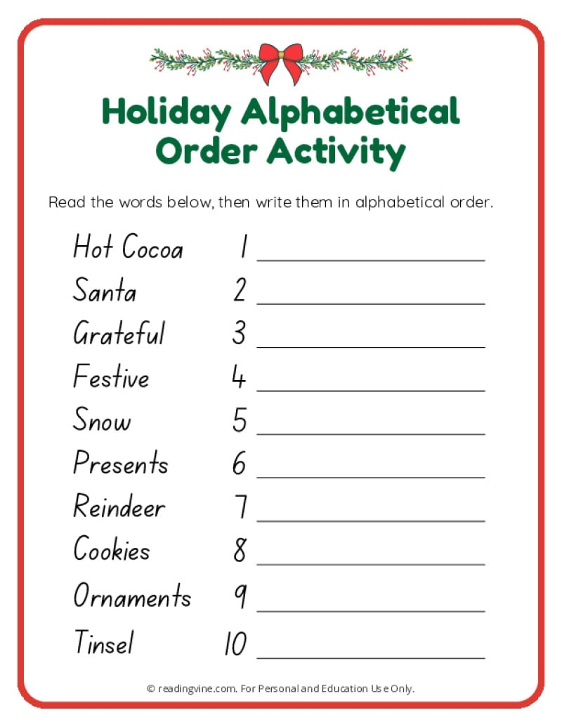 Christmas Alphabetical Order Worksheets