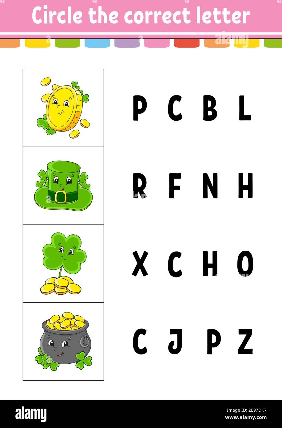 Circle The Correct Letter Education Developing Worksheet Learning Game For Kids St Patrick s Day Color Activity Page Cartoon Character Stock Vector Image U0026 Art Alamy