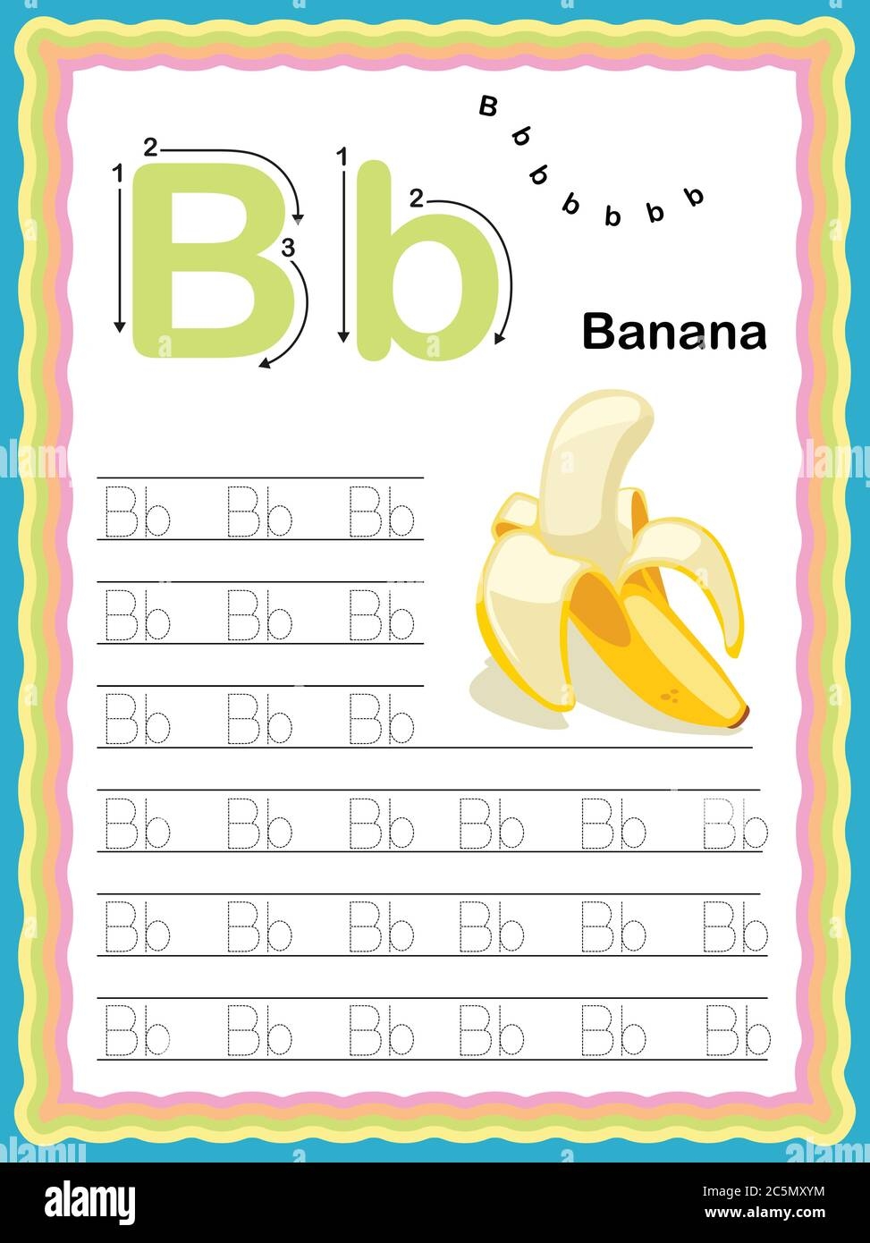 Colorful Letter B Uppercase And Lowercase Tracing Alphabets Start With Vegetables And Fruits Daily Writing Practice Worksheet Printable A4 Size Col Stock Vector Image U0026 Art Alamy