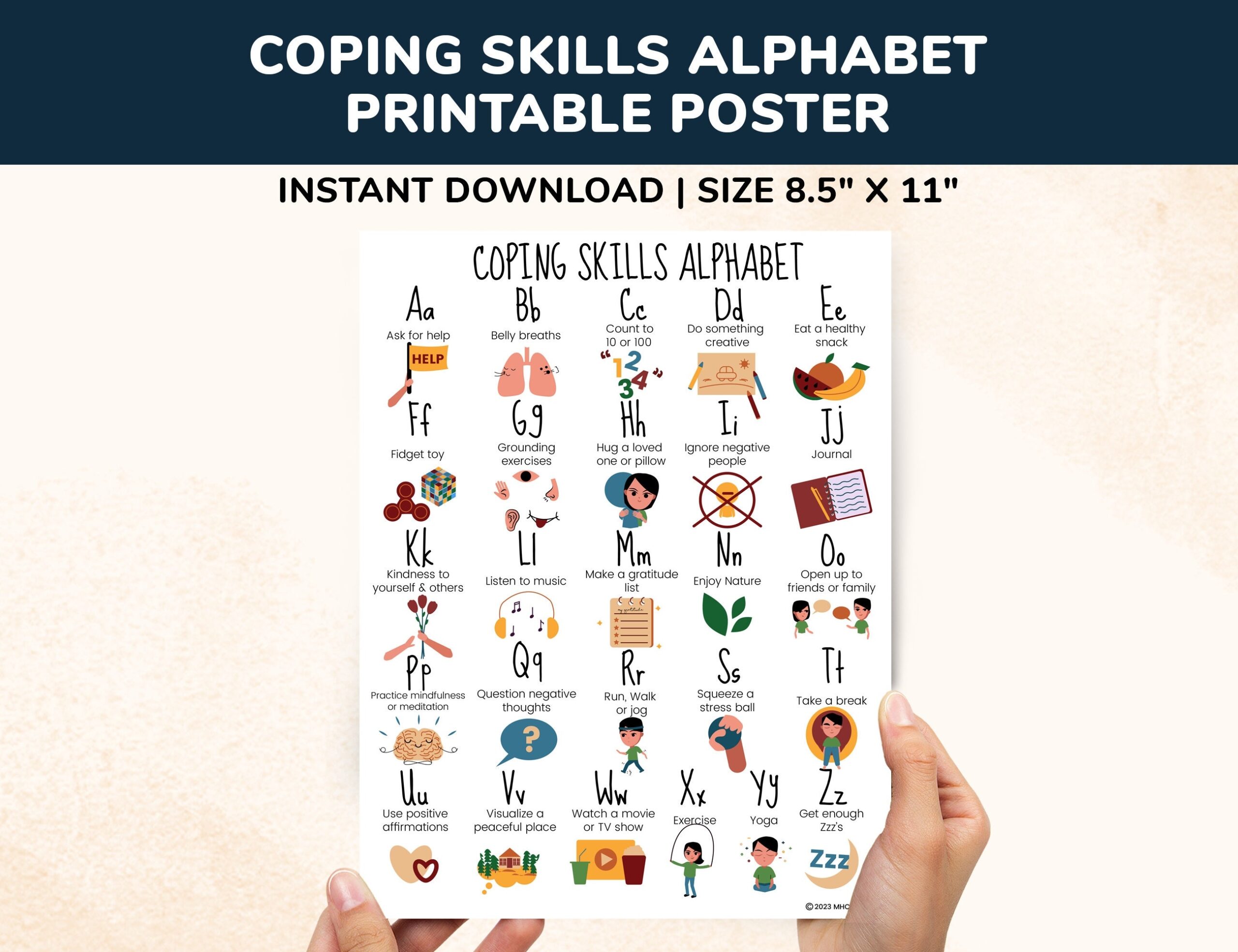 Coping Skills Alphabet Printable Therapy Posters Kids Teens Calm Down Corner School Counseling Self Regulation Worksheets Classroom CBT PDF