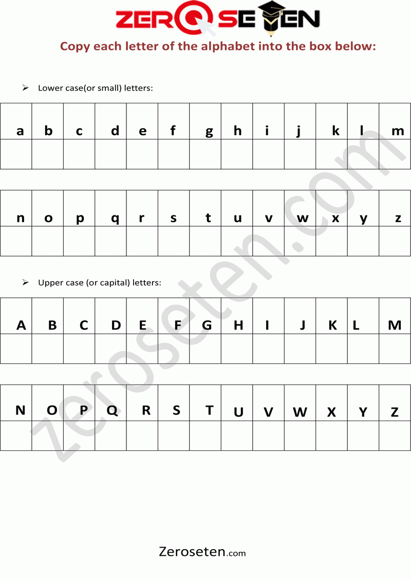 Copy Each Letter Of The Alphabet Into The Box Below Zero Se Ten 