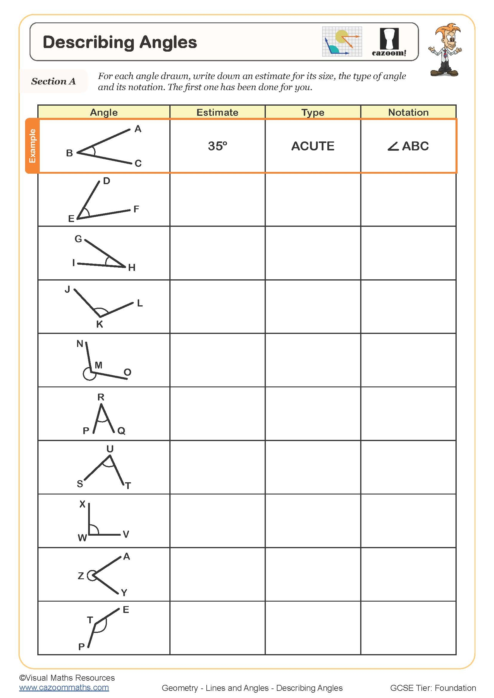 Describing Angles Worksheet Cazoom Maths Worksheets Worksheets 