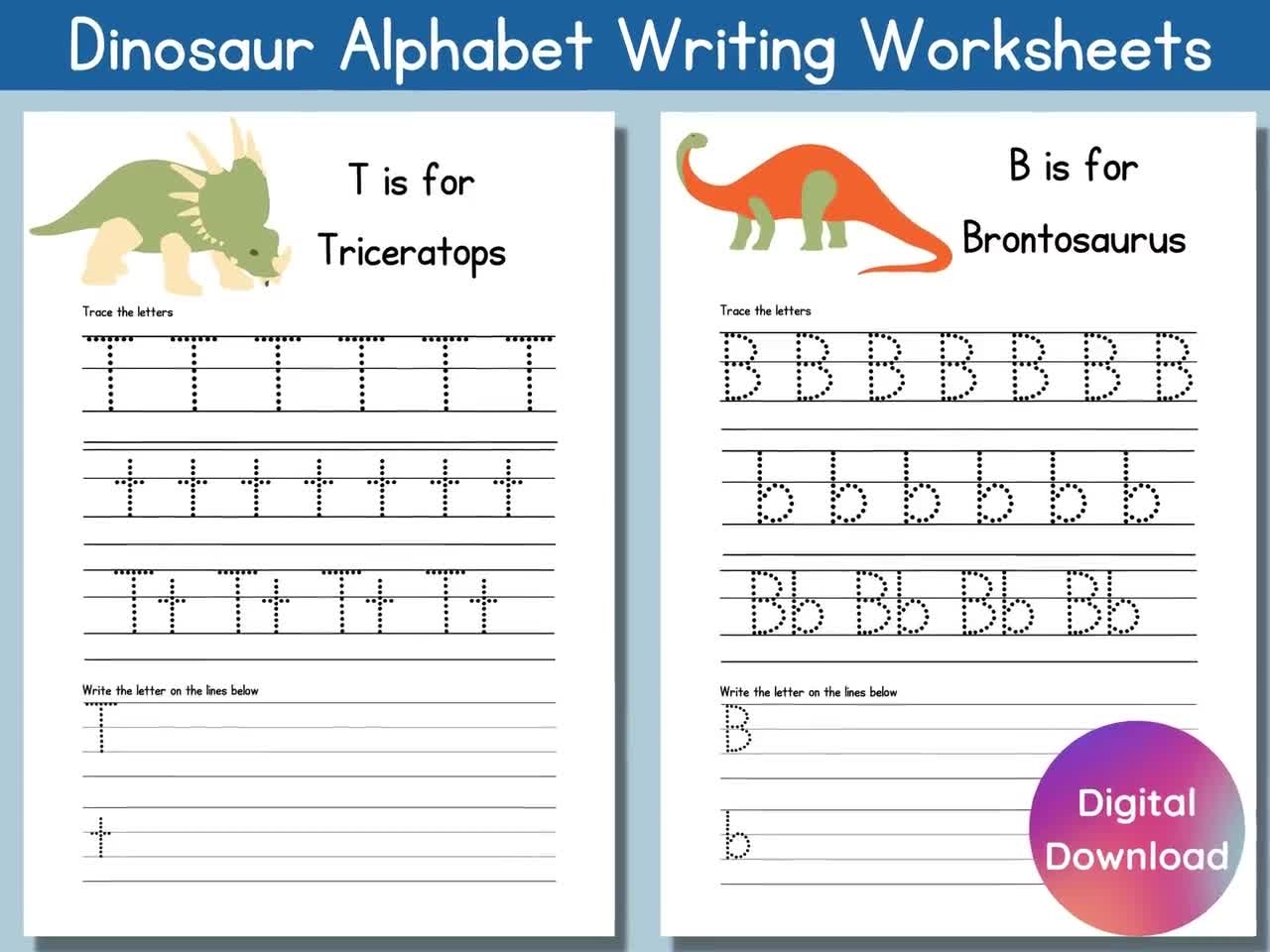 Dinosaur Alphabet Letter Tracing U0026 Writing Worksheets Alphabet Printable ABC Worksheet ABC Dinosaur Printable Activities Worksheets