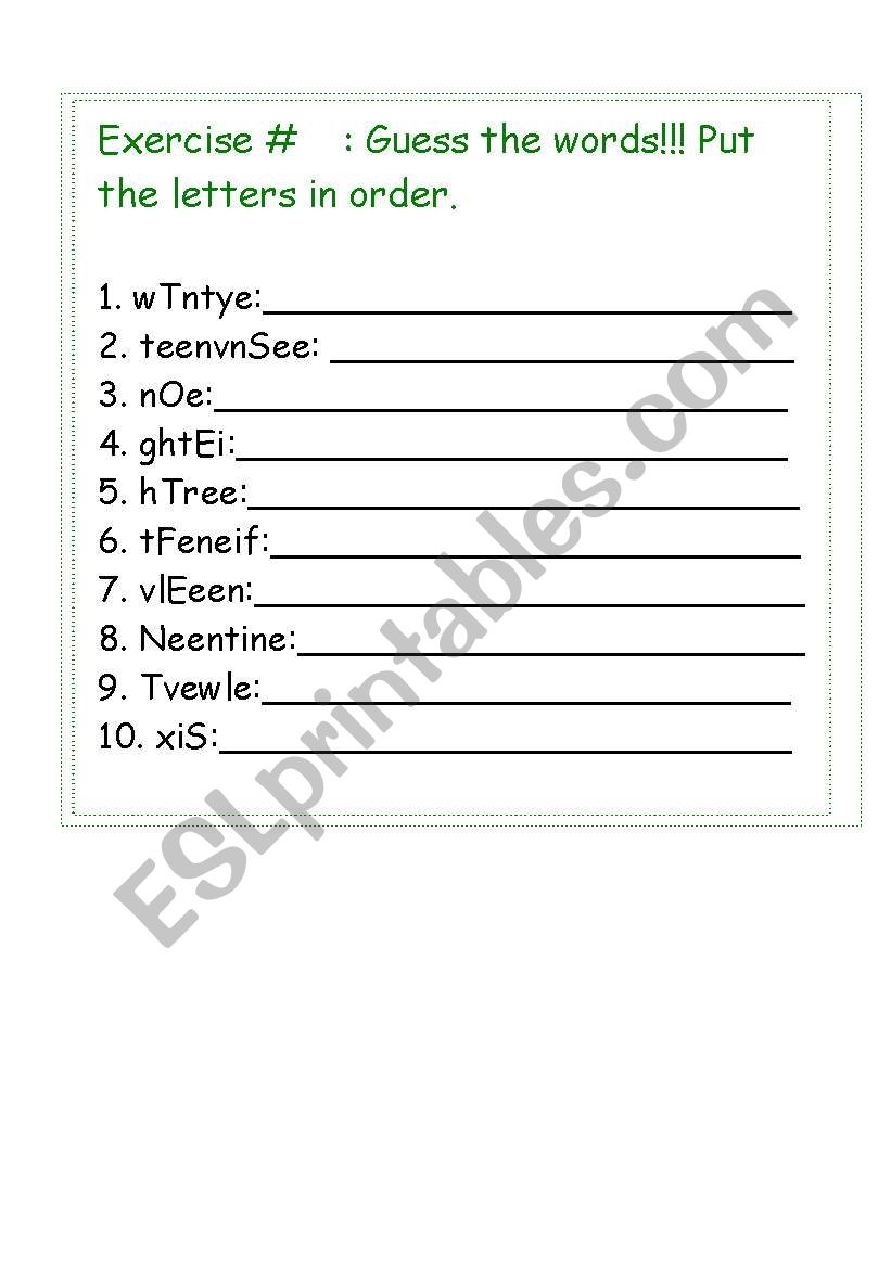 English Worksheets Jumbled Letters Numbers