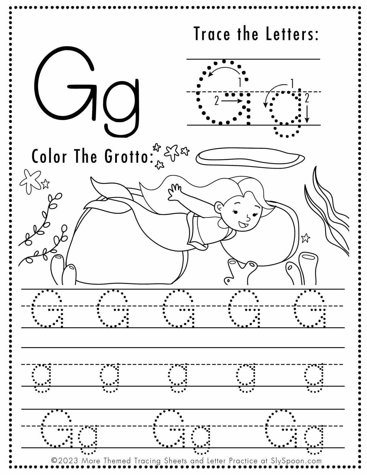 Free Letter G Tracing Worksheet Printable Mermaid Themed Sly Spoon