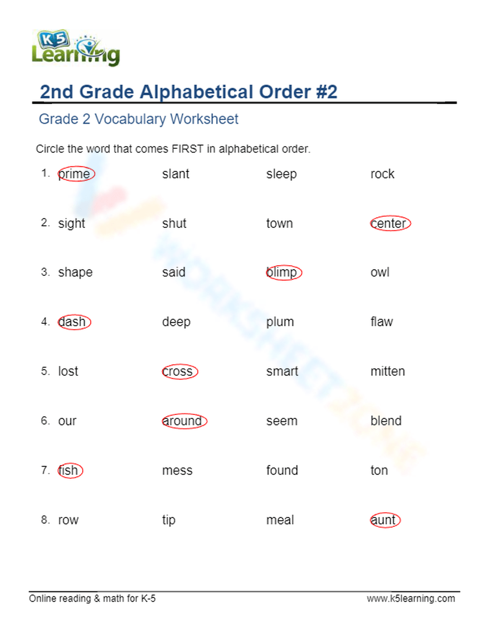 Grade 2 Alphabetical Order Circle 2 Worksheet