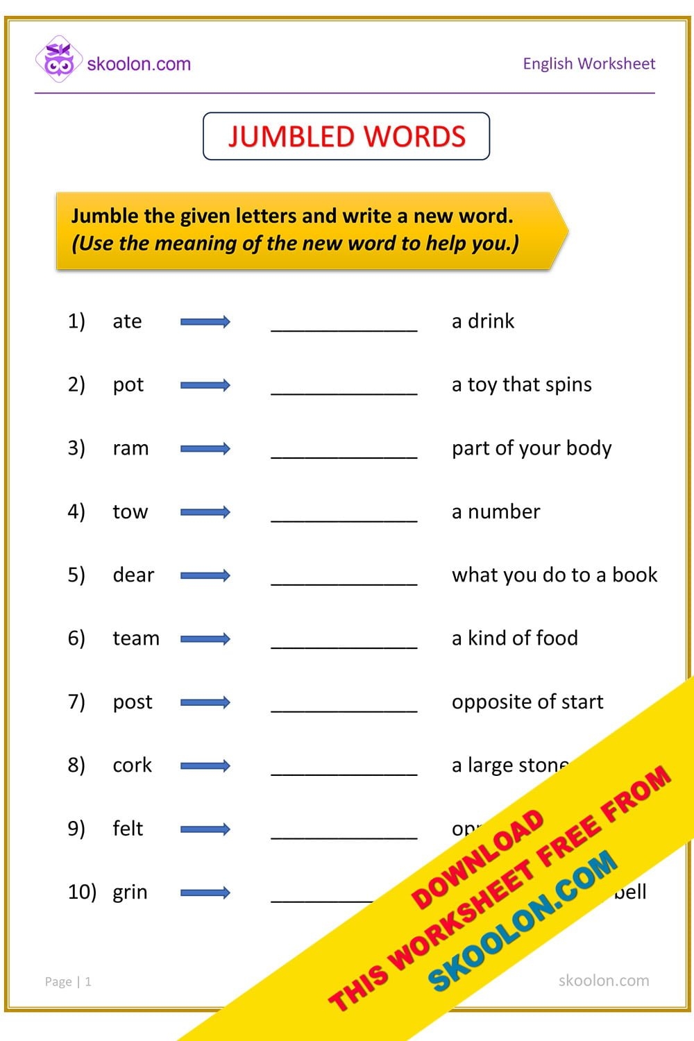 Jumbled Words Worksheet Skoolon