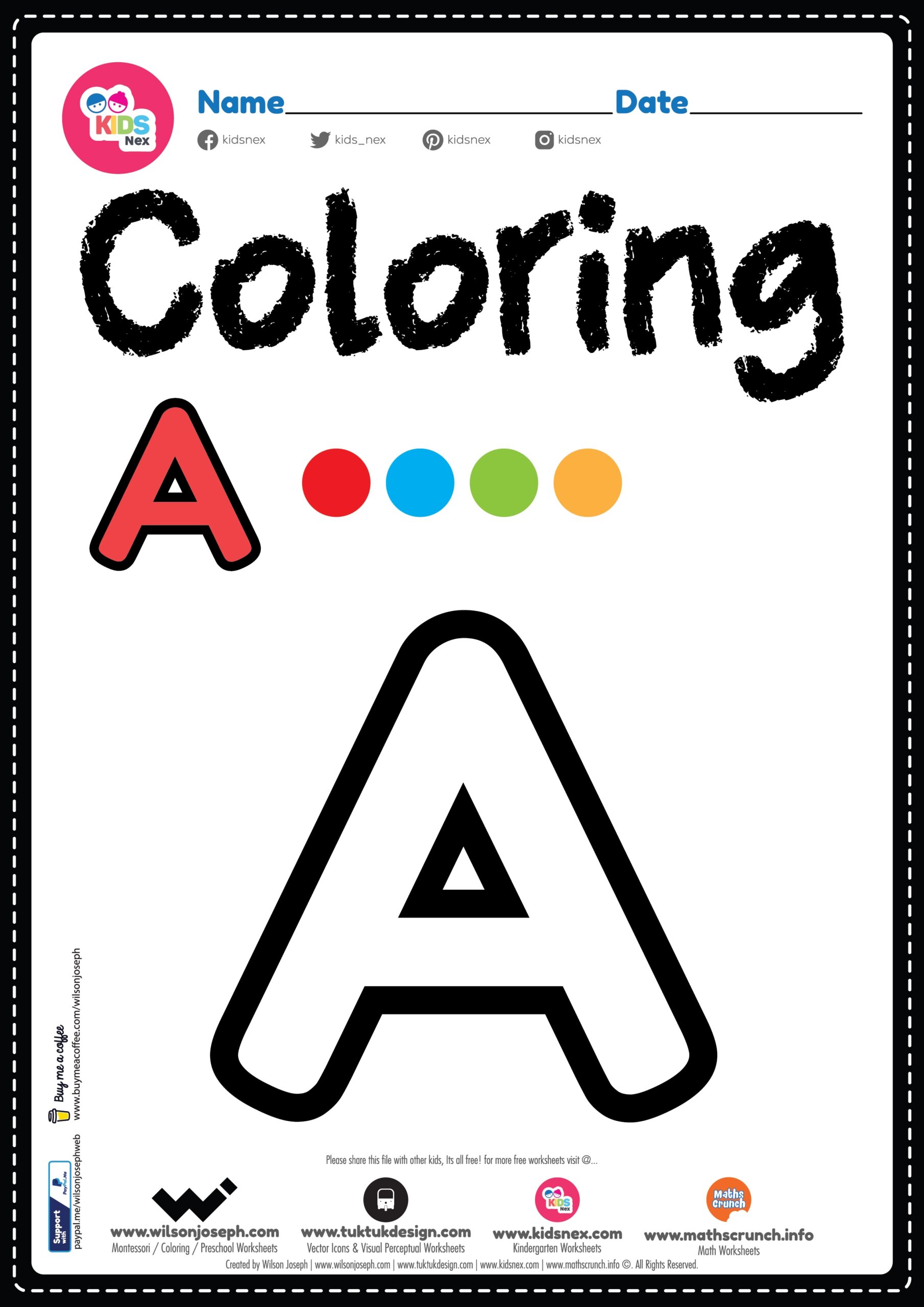 Letter A Alphabet Coloring Page Worksheet Free Printable PDF