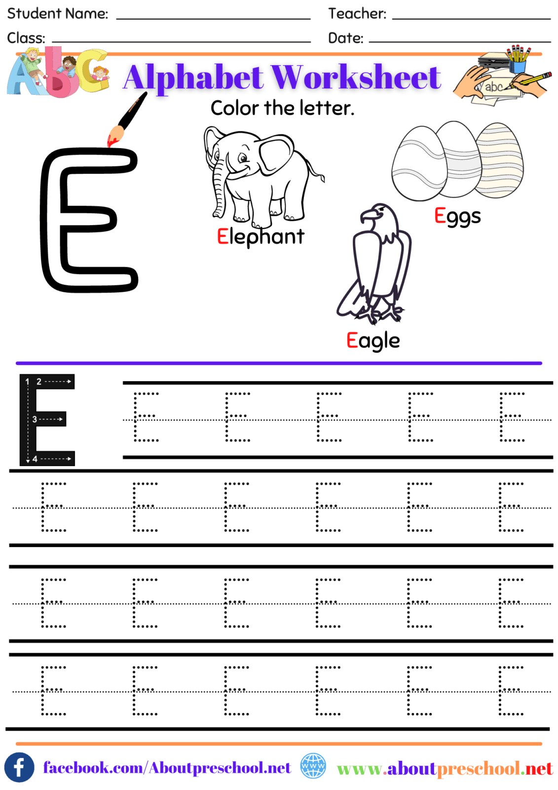 Letter E Worksheet About Preschool