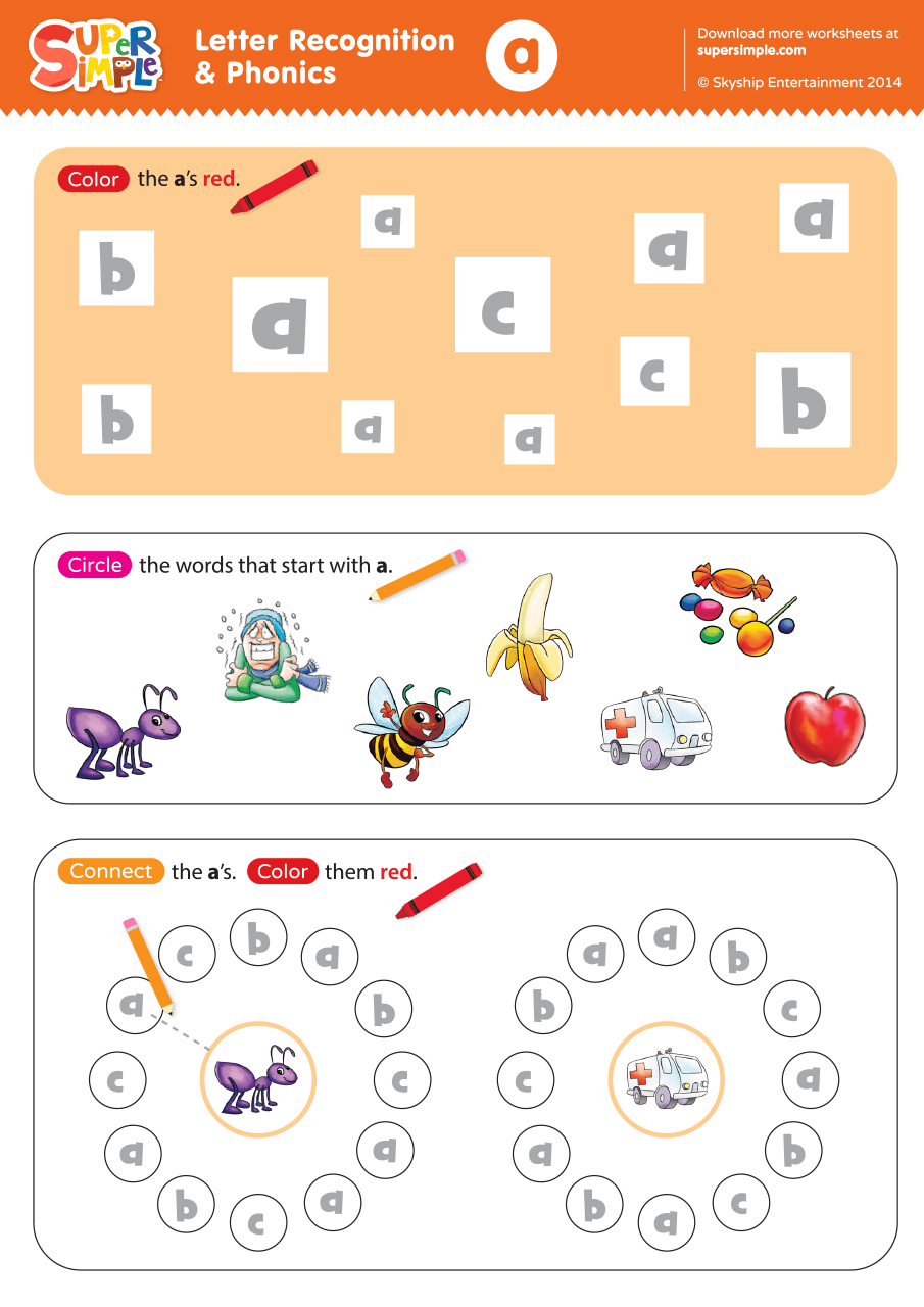 Letter Recognition U0026 Phonics Worksheet A lowercase Super Simple