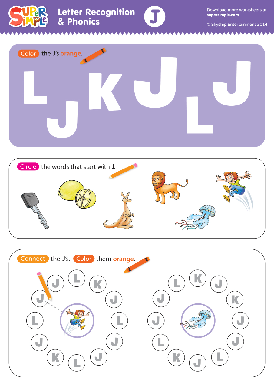 Letter Recognition U0026 Phonics Worksheet J Uppercase Super Simple