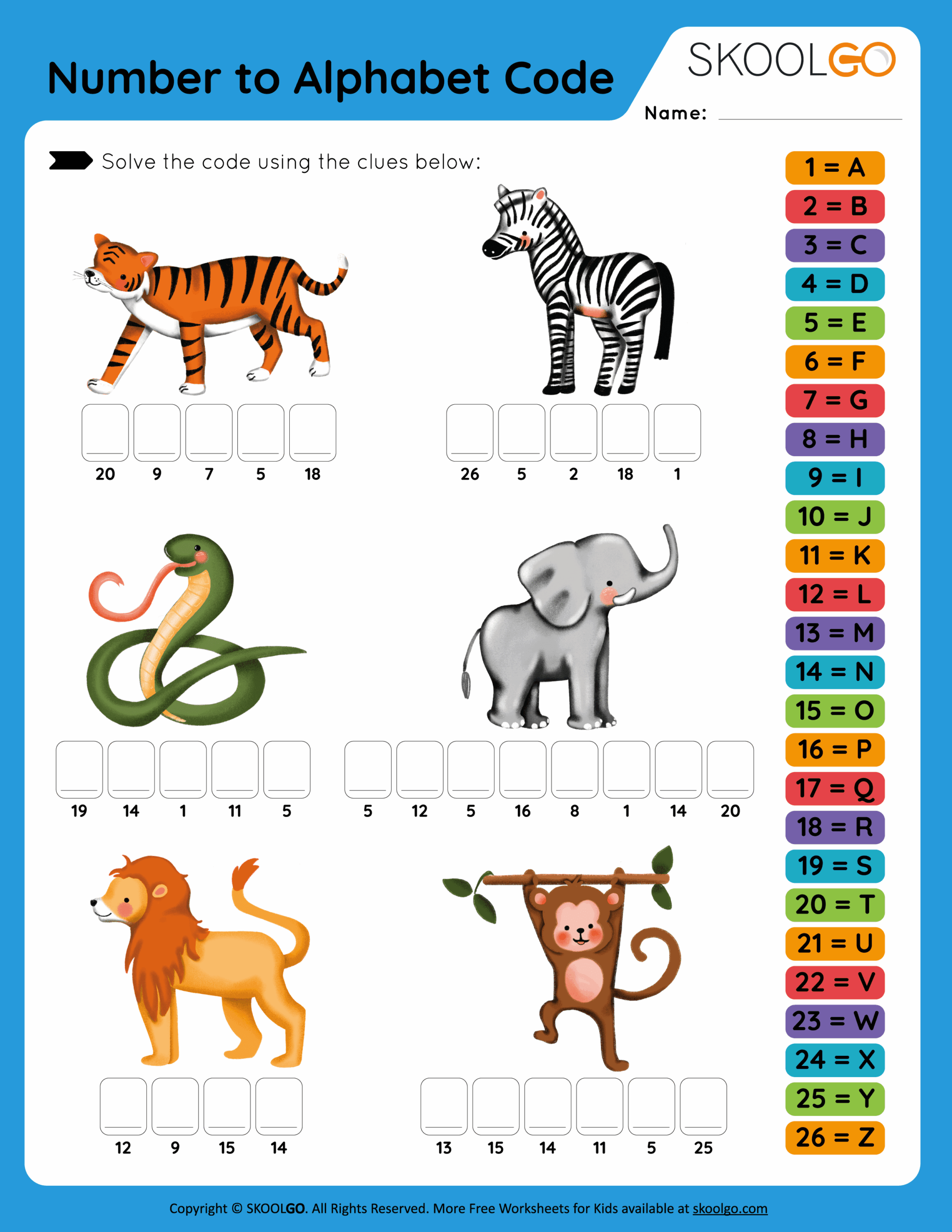 Numbers To Alphabet Code Free Worksheet For Kids SKOOLGO