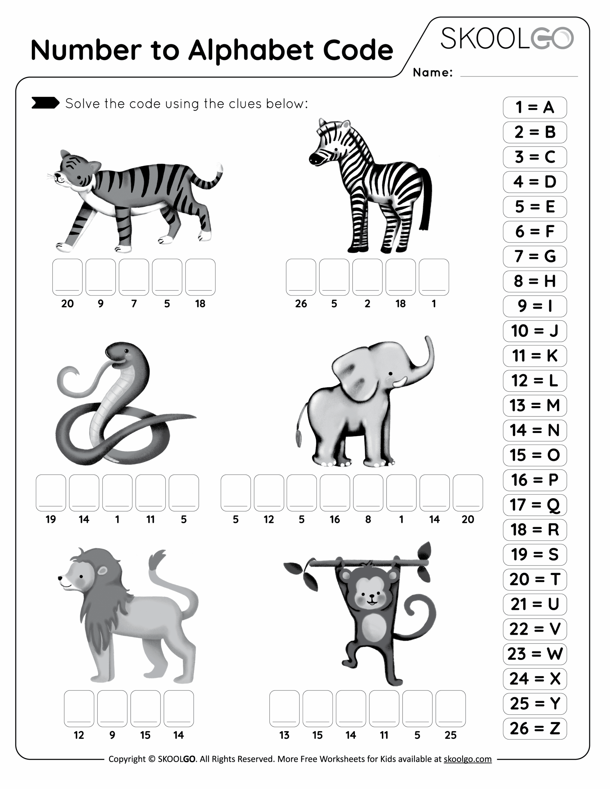 Numbers To Alphabet Code Free Worksheet For Kids SKOOLGO