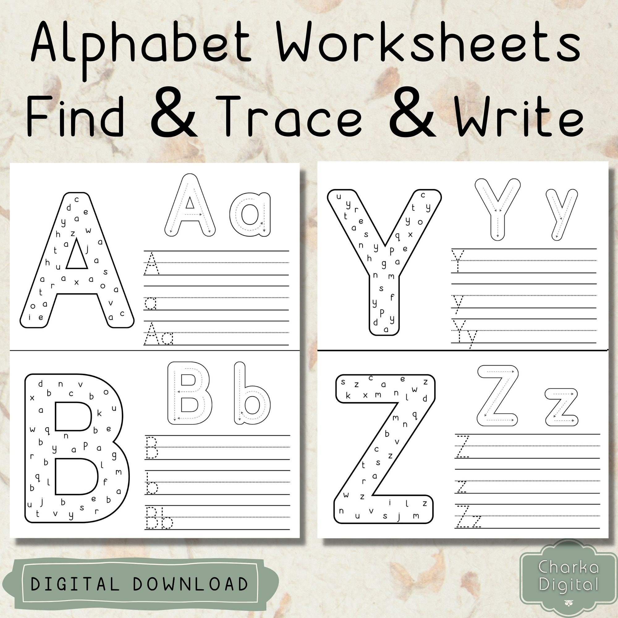 Printable Find And Trace And Write Alphabet Worksheets Handwriting Practice Homeschool Activities Upper And Lowercase Matching Etsy
