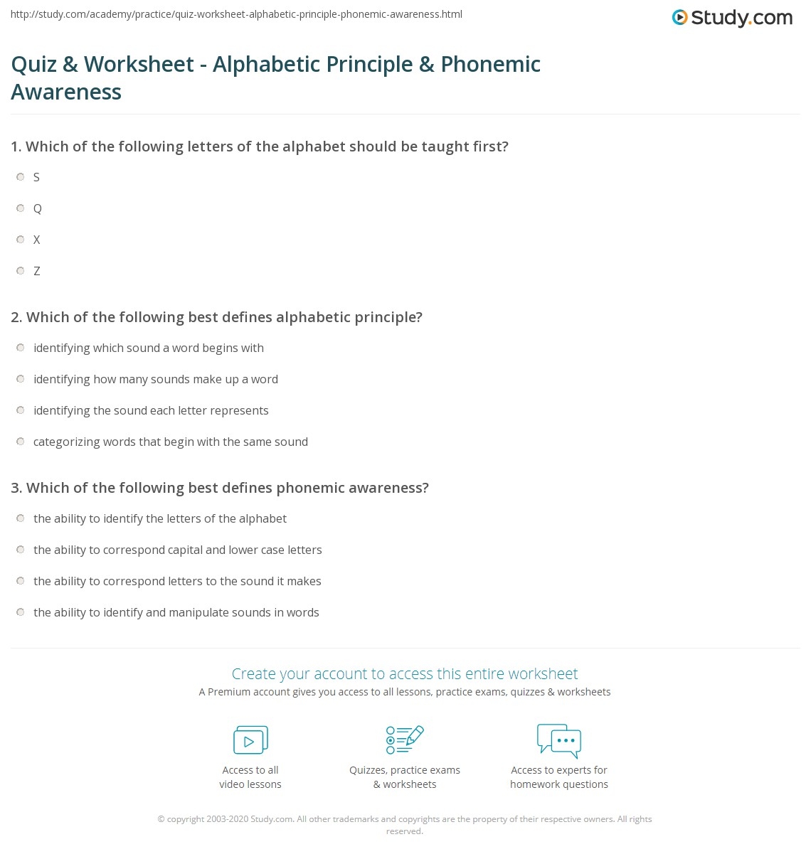 Quiz U0026 Worksheet Alphabetic Principle U0026 Phonemic Awareness Study