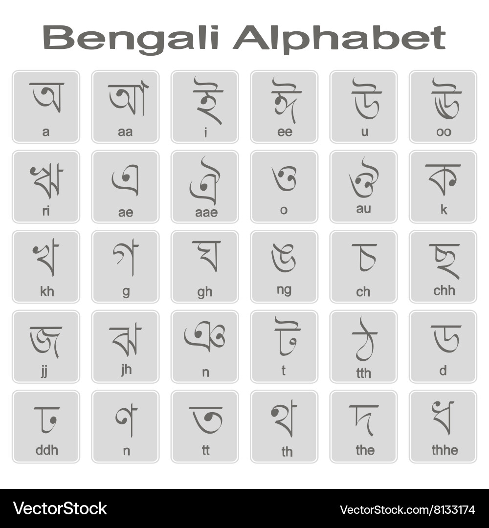 Set Of Monochrome Icons With Bengali Alphabet Vector Image