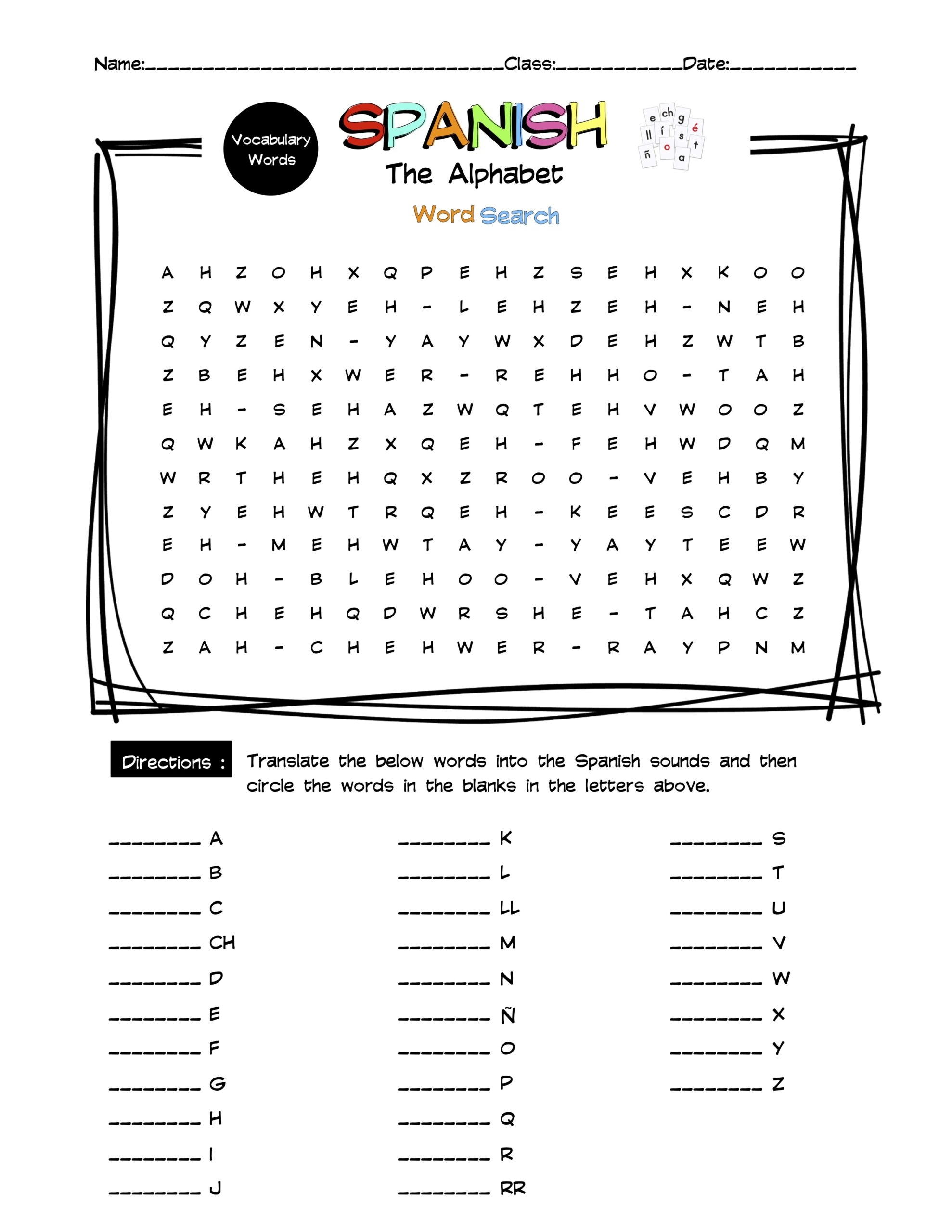 Spanish Alphabet Vocabulary Word Search Worksheet U0026 Answer Key 