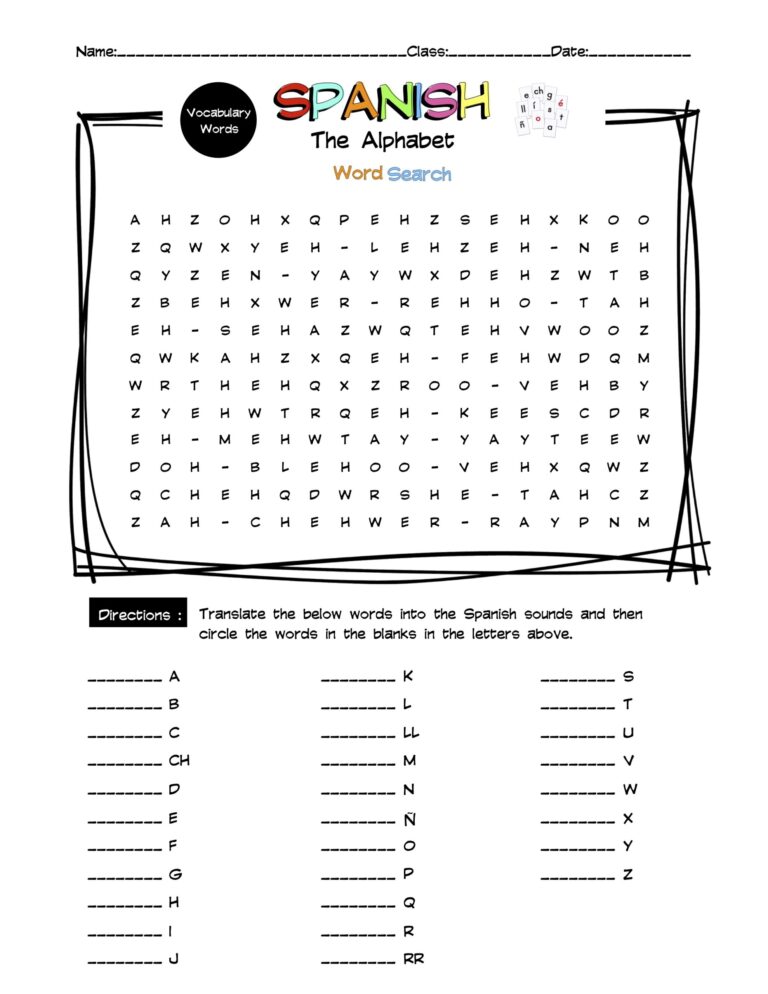 Spanish Alphabet Vocabulary Word Search Worksheet U0026 Answer Key