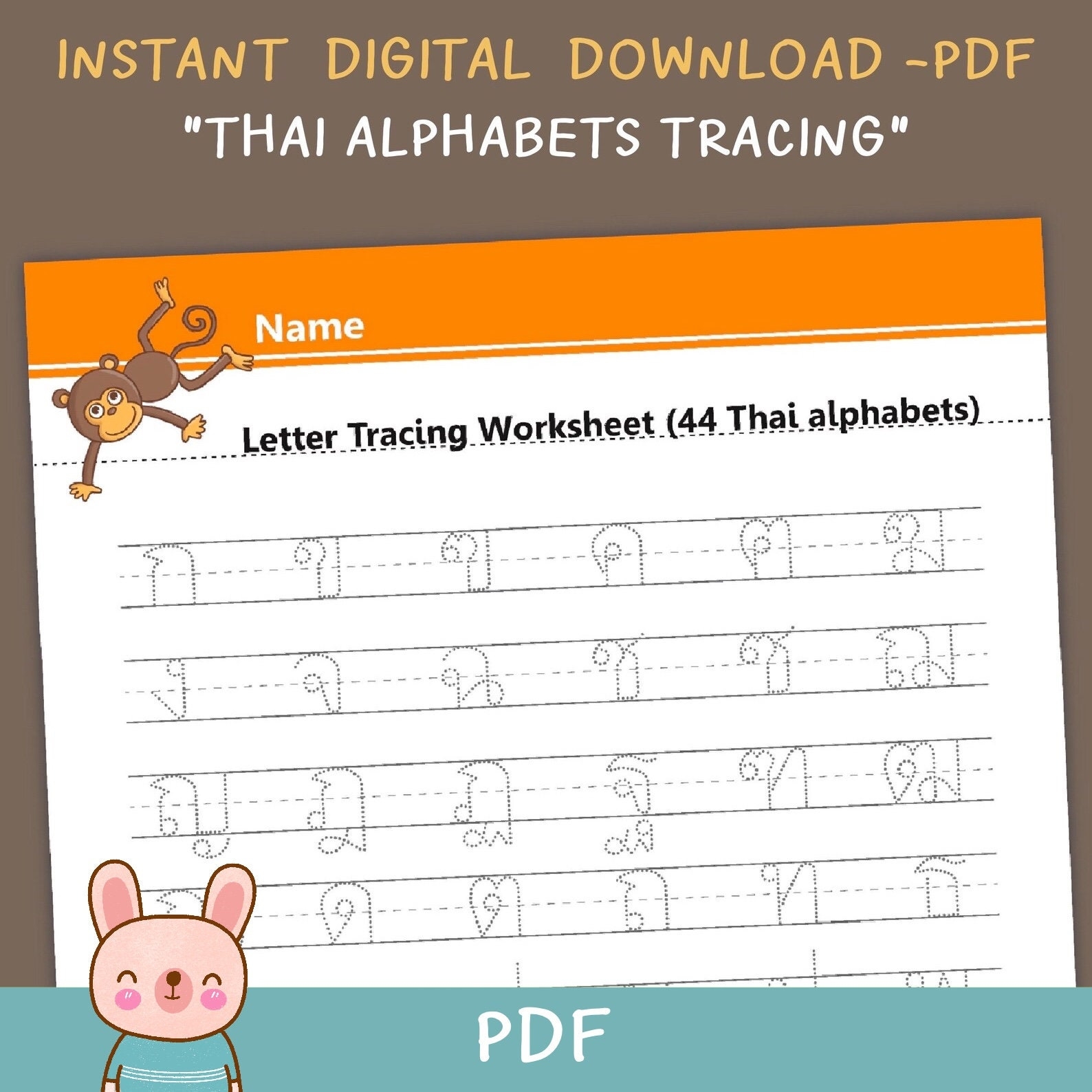 Thai Alphabets Letters Tracing Worksheet Printable PDF Instant 