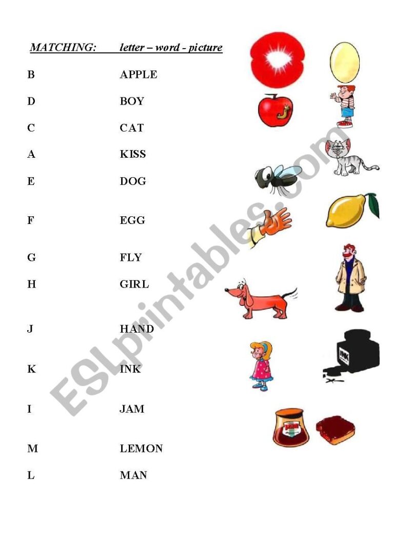The Alphabet Matching Letter Word Picture ESL Worksheet By Hoanghak065
