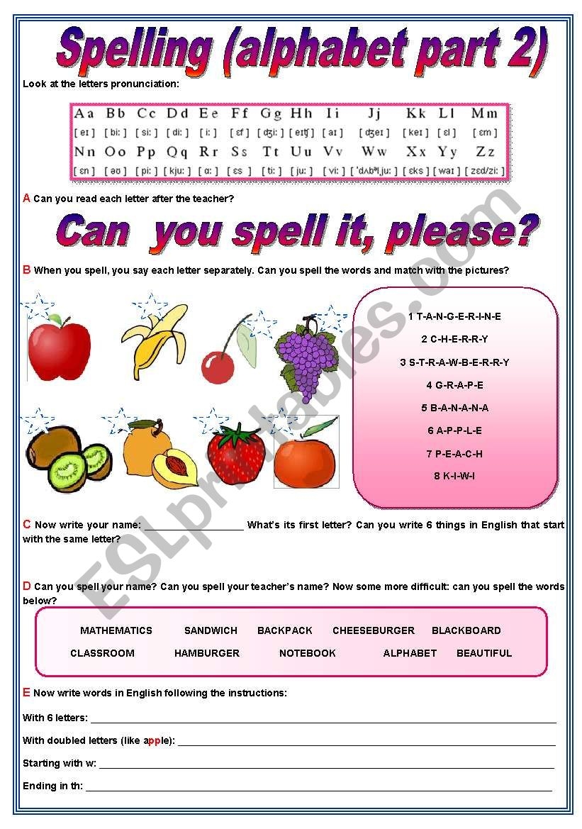 The Alphabet Part 2 Spelling U0026 Exercises fully Editable ESL Worksheet By Zailda
