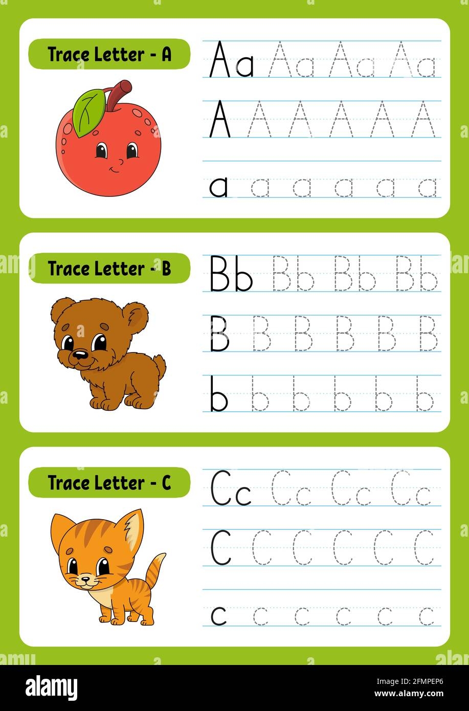 Writing Letters Tracing Page Practice Sheet Worksheet For Kids Exercise For Preschools Learn Alphabet Cute Characters Vector Illustration Cart Stock Vector Image U0026 Art Alamy